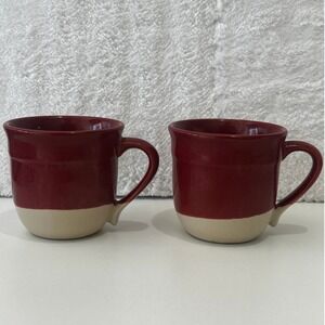 Emile Henry France 8714 Ceramic Coffee Mugs Two Tone Burgundy Red Cream Set of 2